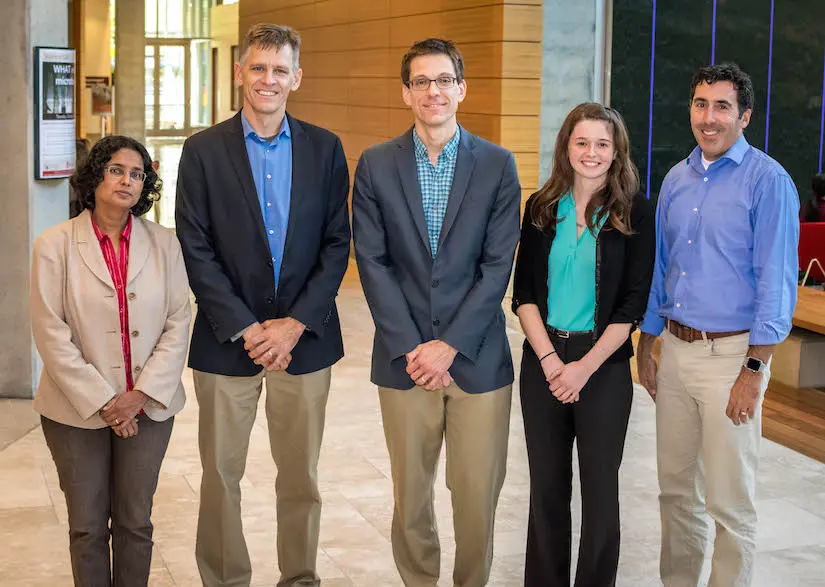 Pictured from left to right: Padma Gopalan, Darryl Thelen, associate dean for Research and Graduate Affairs in the College of Engineering, Michael Arnold, Katherine Jinkins, and WARF Licensing Manager Scott Pollyea. Submitted photo.