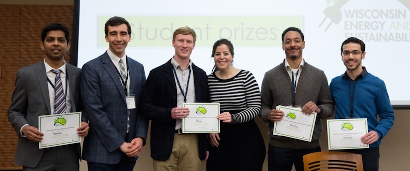 The prize-winning teams of the 2018 Wisconsin Energy and Sustainability Challenge (WESC). From left to right: Ashray Manur and David Sehloff of Energyan; Kevin Barnett and Merve Ozen of Pyran; and Aaron Olsen with recent Ph.D. Mehrdad Arjmand of Novomoto. Photo: James Runde.