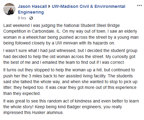 On its way home from the national finals, the UW-Madison steel bridge team stopped to assist an elderly woman in getting back to her assisted living facility