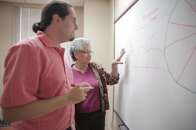 Photo of Vicki Bier woking on problems with then-PhD student A.J. Nosek