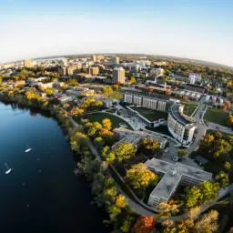 Aerial photo of campus buildings along lake