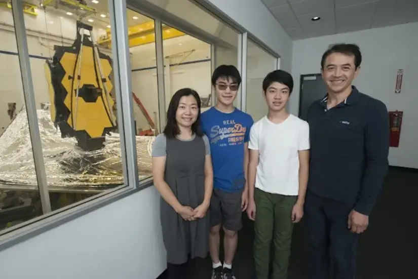 Wei-Di Cheng with family with the James Webb Space Telescope