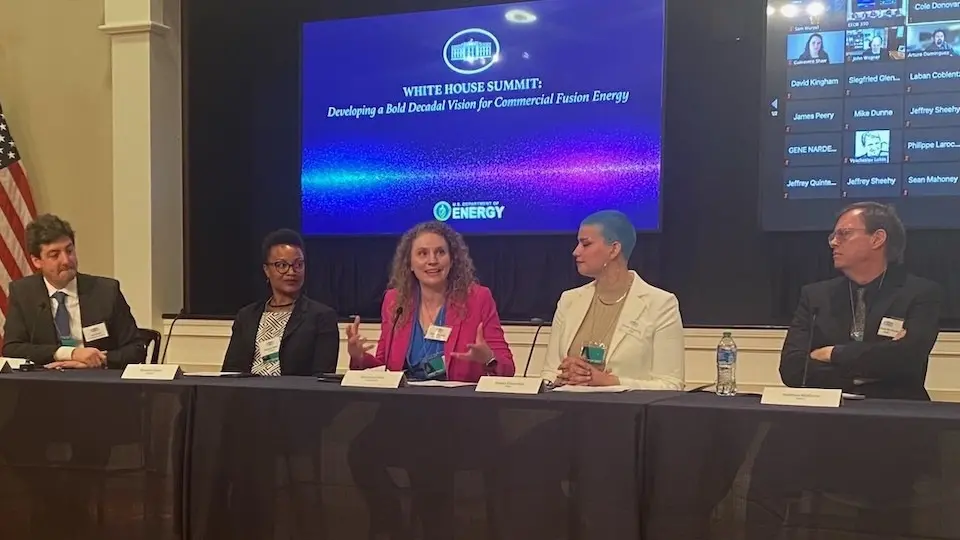 Steffi Diem speaking on a panel at the White House fusion energy summit
