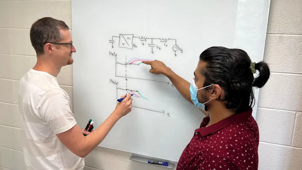 ECE PhD student Prajwal Bhagwat and Professor Gross are discussing the fault-response of a grid-connected power converter in power systems with significant share of renewable generation and power electronics.