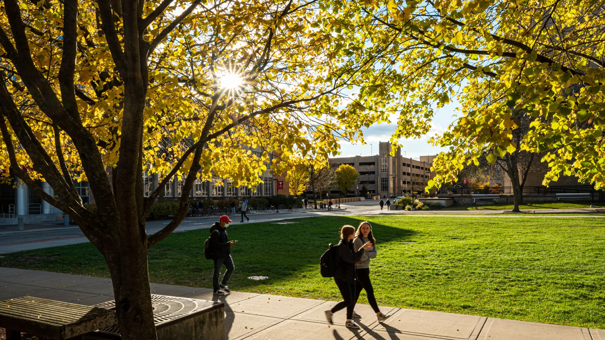 Students walking near engineering hall on a fall day