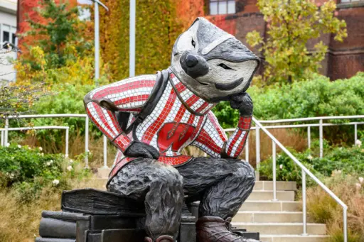 "Well Read," a sculpture by artist Douwe Blumberg of a studious-looking UW-Madison mascot Bucky Badger sitting atop a pile of books, is pictured at Alumni Park at the University of Wisconsin-Madison during autumn on Oct. 30, 2021.