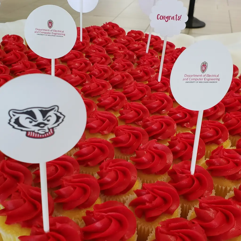 Red mini-cupcakes with Bucky Badger and UW-themed toppers