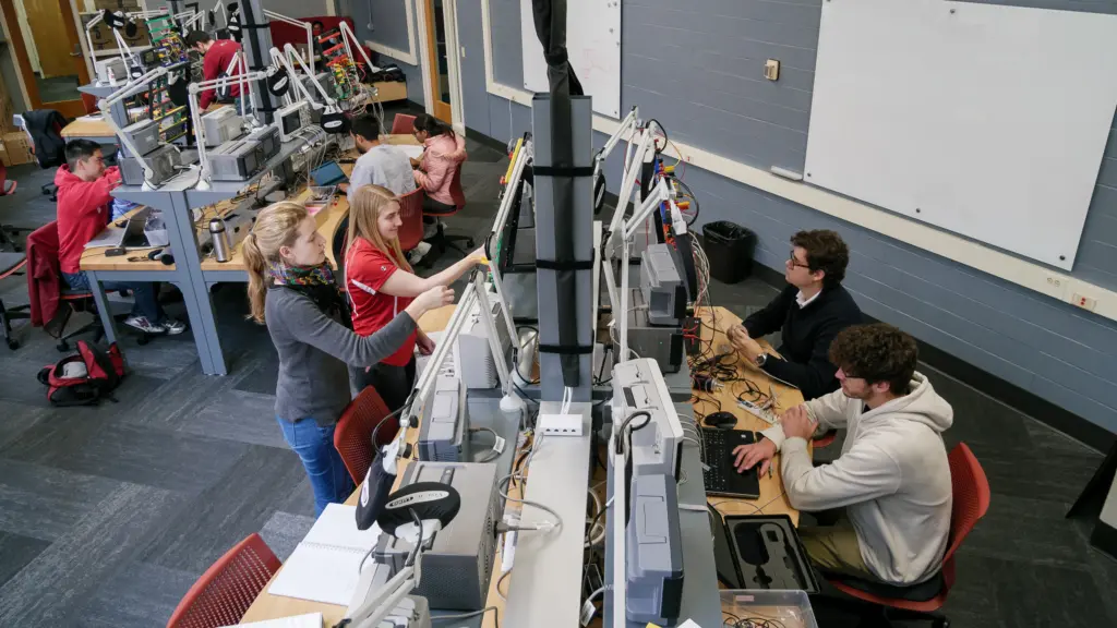 Students working in hands-on power electronics lab course
