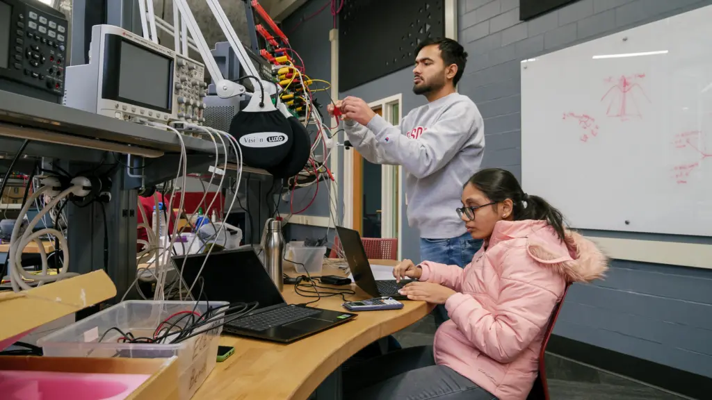 Students in hands-on power electronics lab course