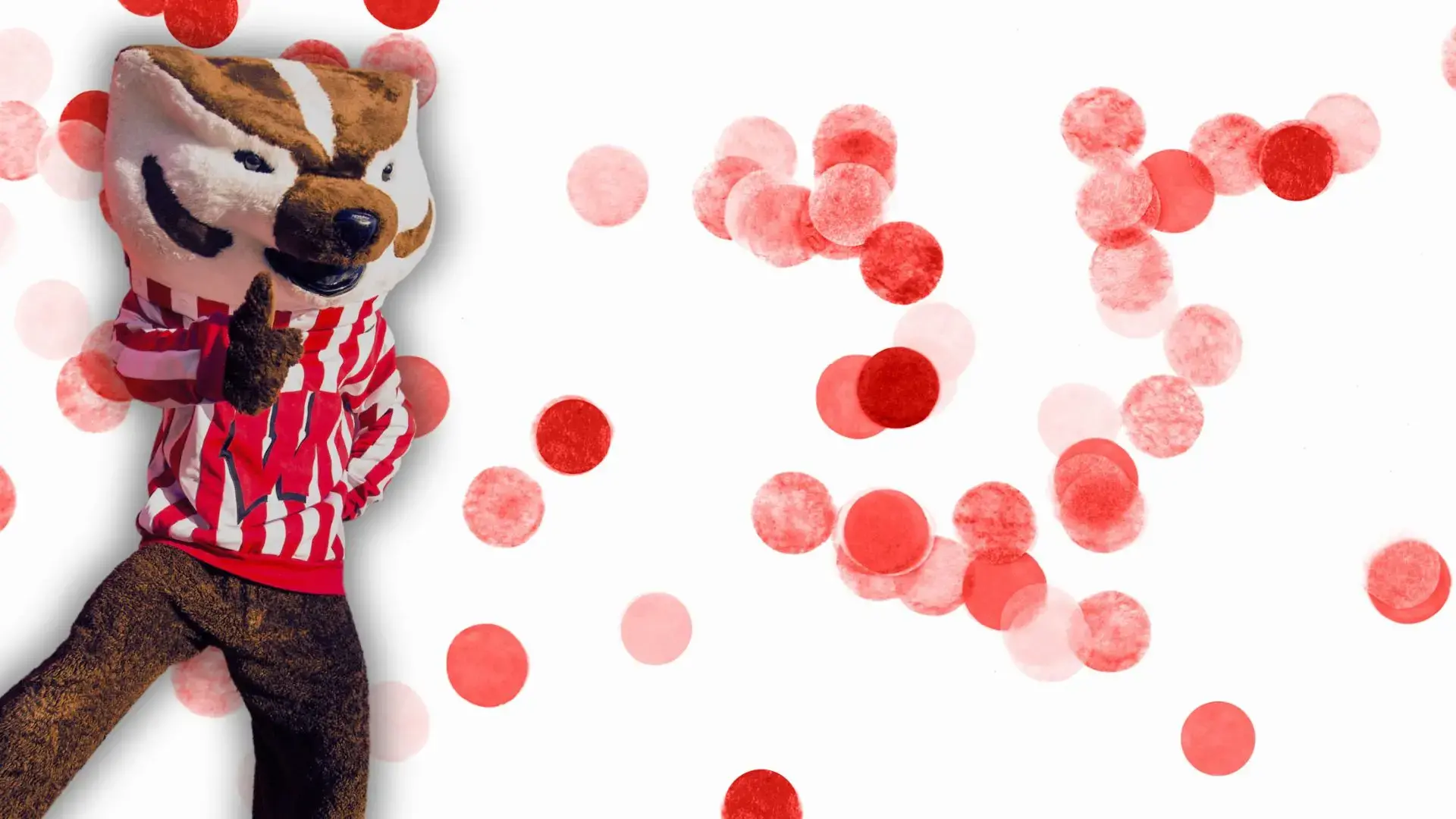 Bucky Badger with red confetti background