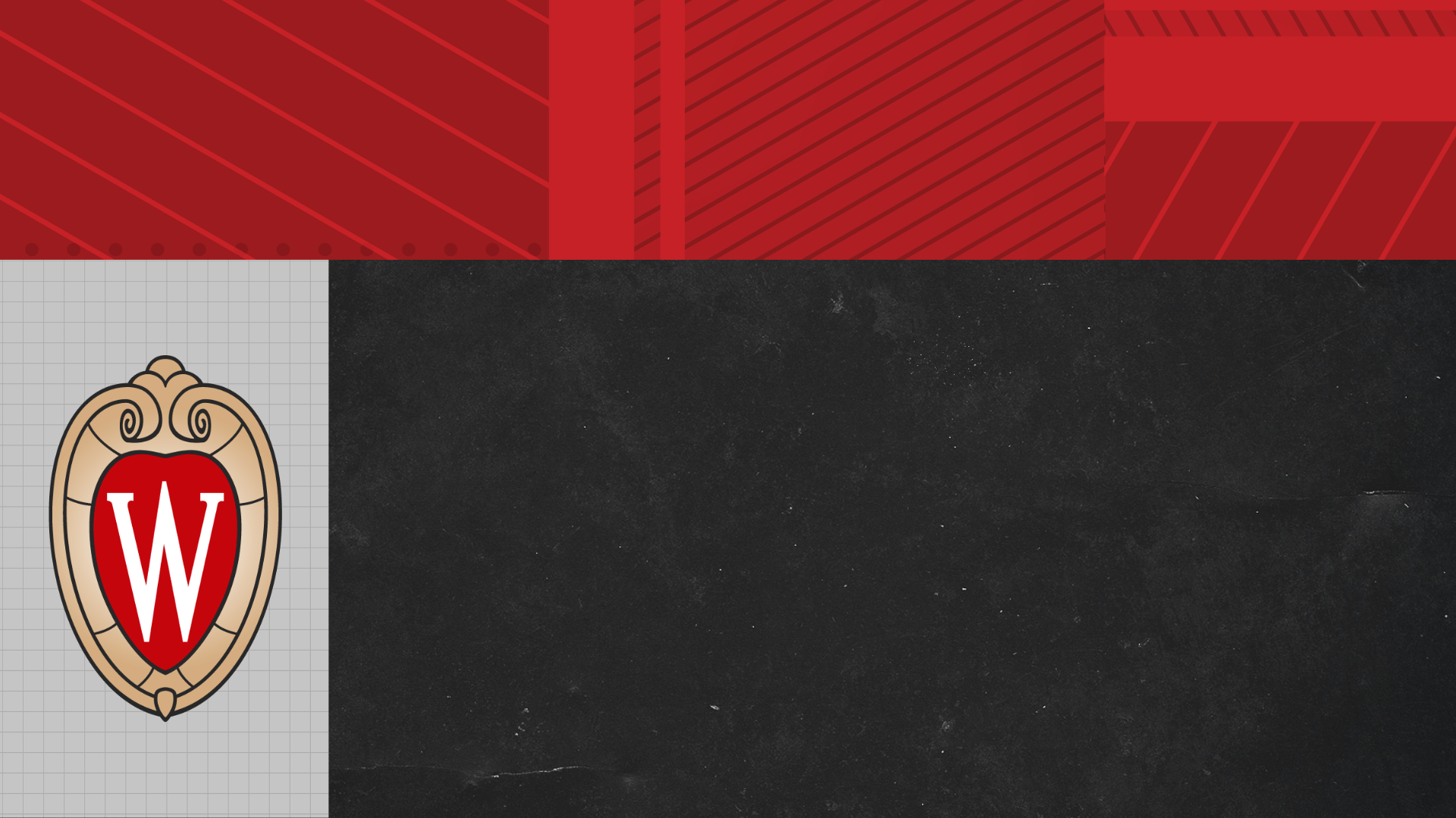 Graphic with red, black, and gray rectangles and W crest