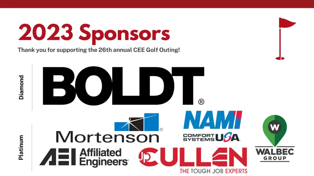 Logos of diamond and platinum sponsors for the 2023 UW-Madison Civil and Environmental Engineering Golf Outing