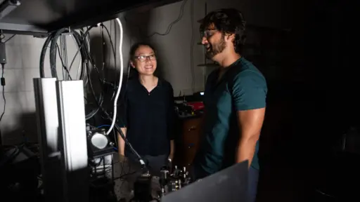 Assistant Professor Jennifer Choy and PhD student Ricardo Vidrio in Choy’s quantum lab.