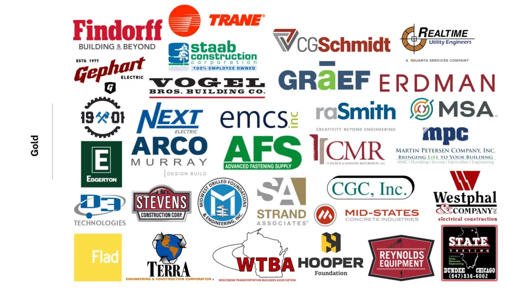 Logos of gold sponsors for the 2023 UW-Madison Civil and Environmental Engineering Golf Outing.