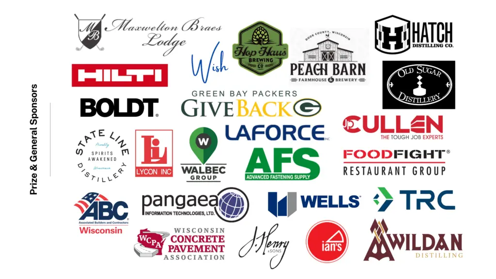 Logos of prize and general event sponsors for the 2023 UW-Madison Civil and Environmental Engineering Golf Outing.