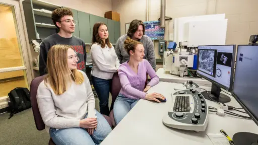 Undergraduates in the Department of Materials Science and Engineering’s capstone class examine a piece of laser-textured steel using a scanning electron microscope