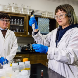 Professor Haoran Wei, left, and PhD student Hanwei Wang work in a lab