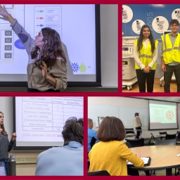 Composite of groups of college students. 3 photos have college students making presentations at front of a class room and 1 photo has a team of 4 students wearing neon safety vests in a manufacturing setting