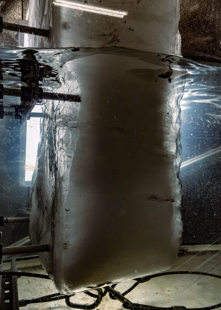 A block of ice in a cry-wave tank