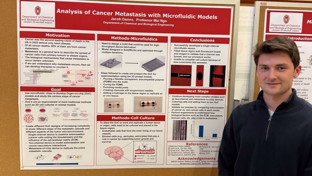 Senior Jacob Damro next to poster presentation.