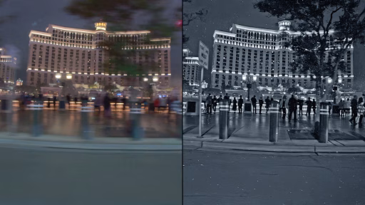 On the left is a image taken on the Las Vegas strip with a high-end automotive camera, while its on the right leverages Ubicept's hardware and software to reduce blur and noise and deliver a clear image