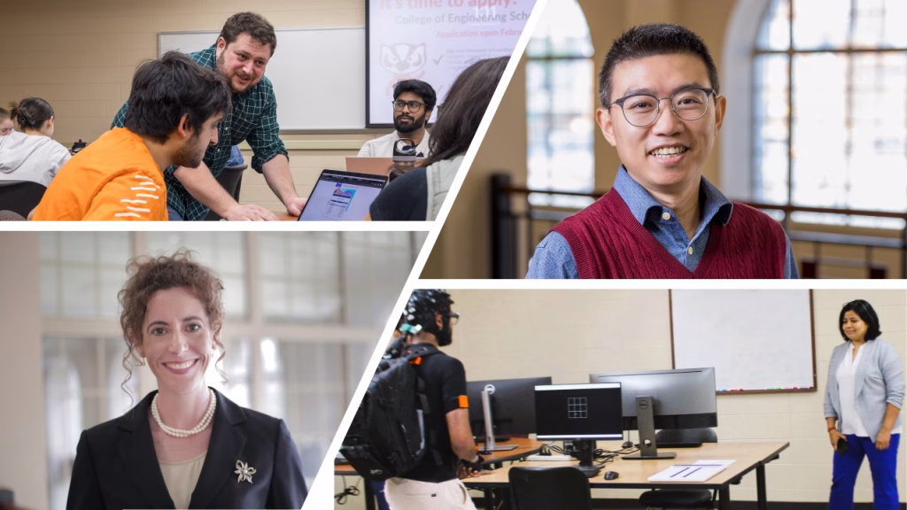 Collage of four faculty members and a few college students