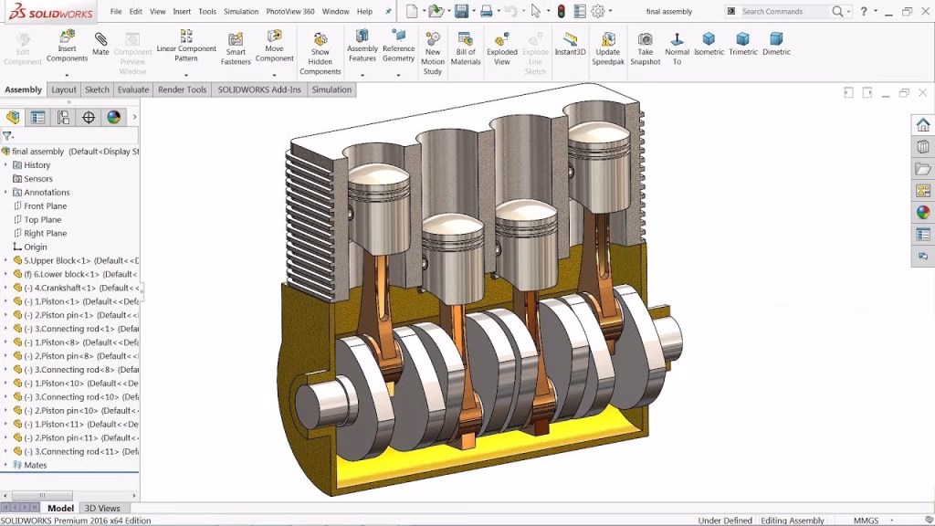 Screen shot of the graphic design version of a piston system from solidworks software