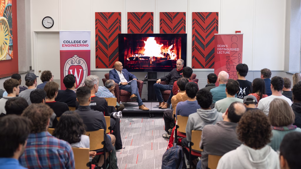 Dean Devesh Ranjan and alumnus Jim Thompson during the first Dean's Distinguished Lecture Series event