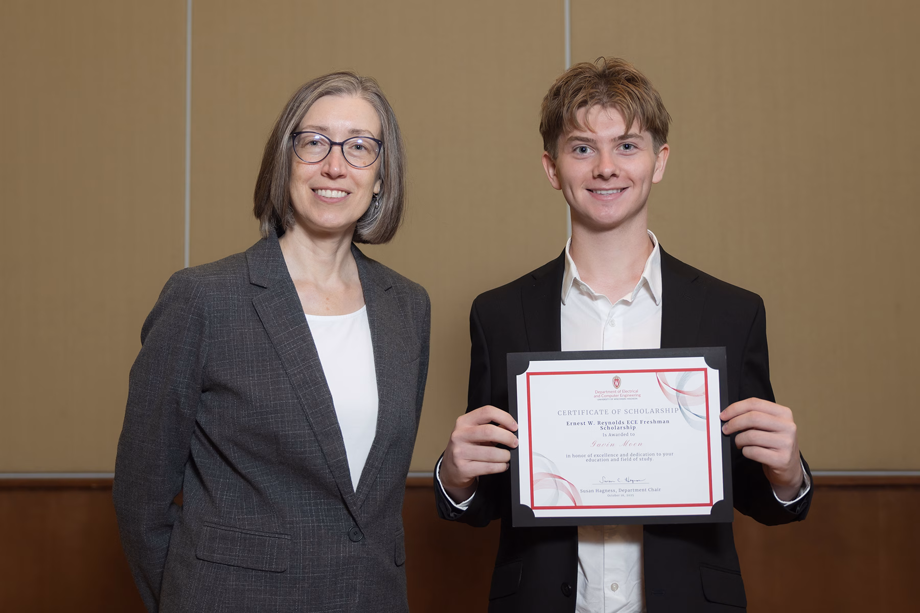 Susan Hagness standing next to scholarship recipient