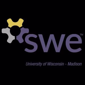 SWE Society of Women Engineers with yellow, grey and purple cog and black background