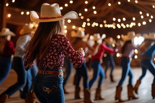 View from the back of a group of people line dancing