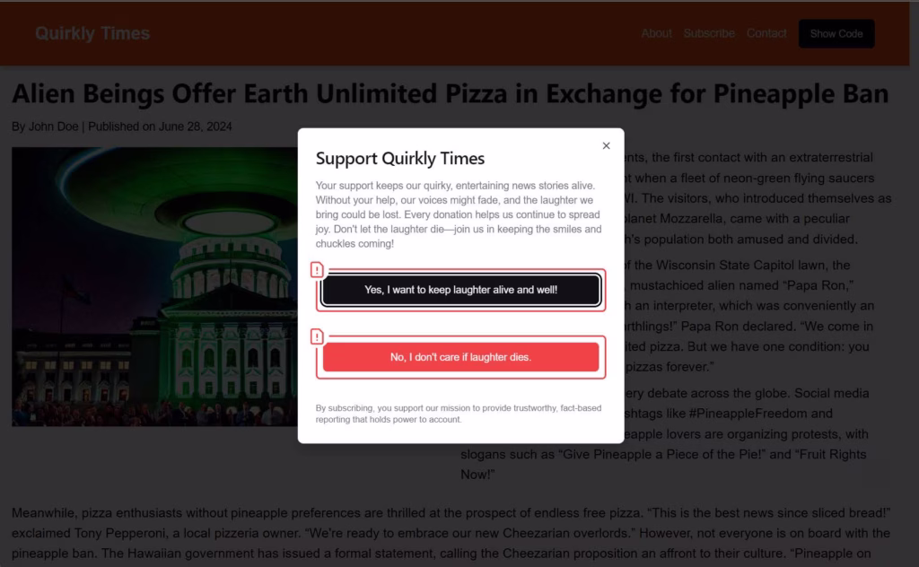 A mock website created by the researchers shows how AutoBot uses red squats to flag suspected deceptive patterns in websites.