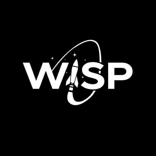 White text on black background reads WISP. The I is a rocket and there are stars and a swoop behind the rocket