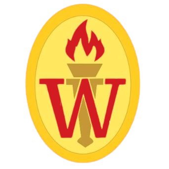 National Society of Black Engineers Logo, red W, torch, yellow background