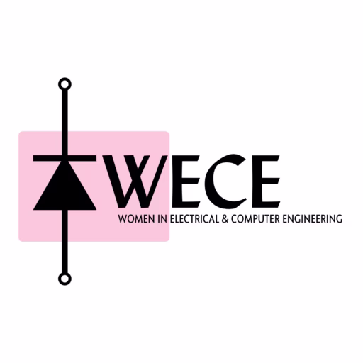 WECE Women in Electrical & Computer Engineering with pink rectangle, black triangle and black cross with circles at the top and bottom