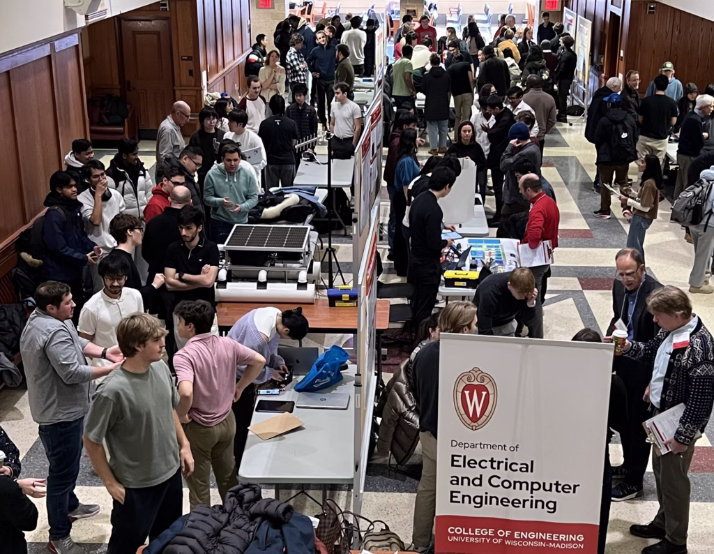 Mechanical Engineering Building Atrium filled with projects and people for design open house