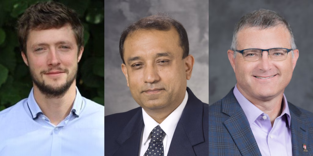 Headshots of Adrien Couet, Kumar Sridharan, and Paul Wilson, professors in the Department of Nuclear Engineering and Engineering Physics