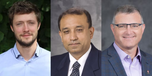 Headshots of Adrien Couet, Kumar Sridharan, and Paul Wilson, professors in the Department of Nuclear Engineering and Engineering Physics