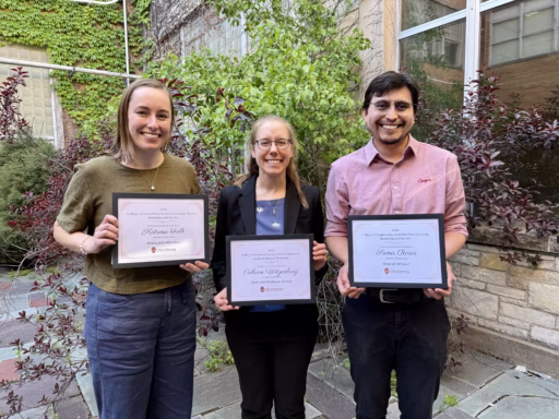 2026 BME College of Engineering Mentor Awardees. L to R: Katrina Falk PhDBME ’26, Assistant Professor Colleen Witzenburg, Samir Rosas PhDBME '25 (not pictured: Anna Tommasi)