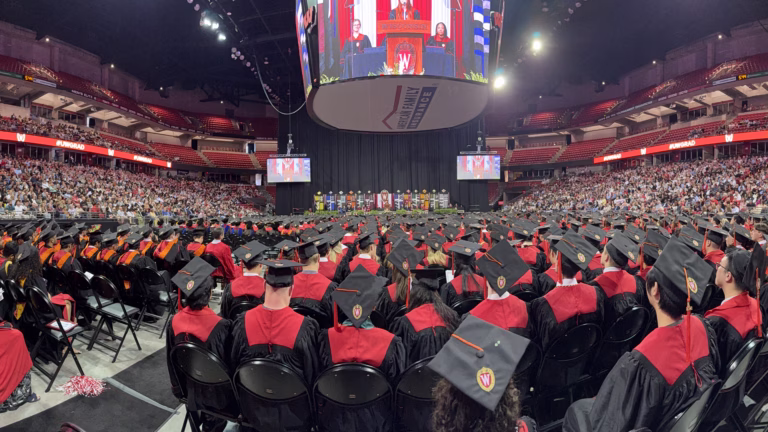 Large crowd in the Kohl Center in Madison Wisconsin for the UW-Madison 2026 Graduation Recognition Event