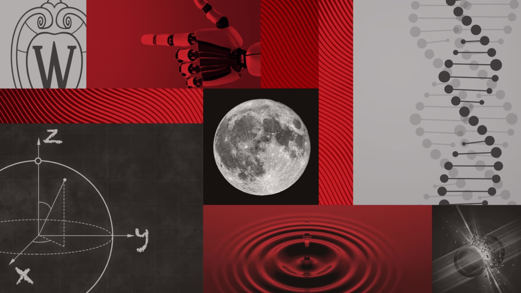 Collage of a Moon representing the six new Moonshots or research priorities for the College