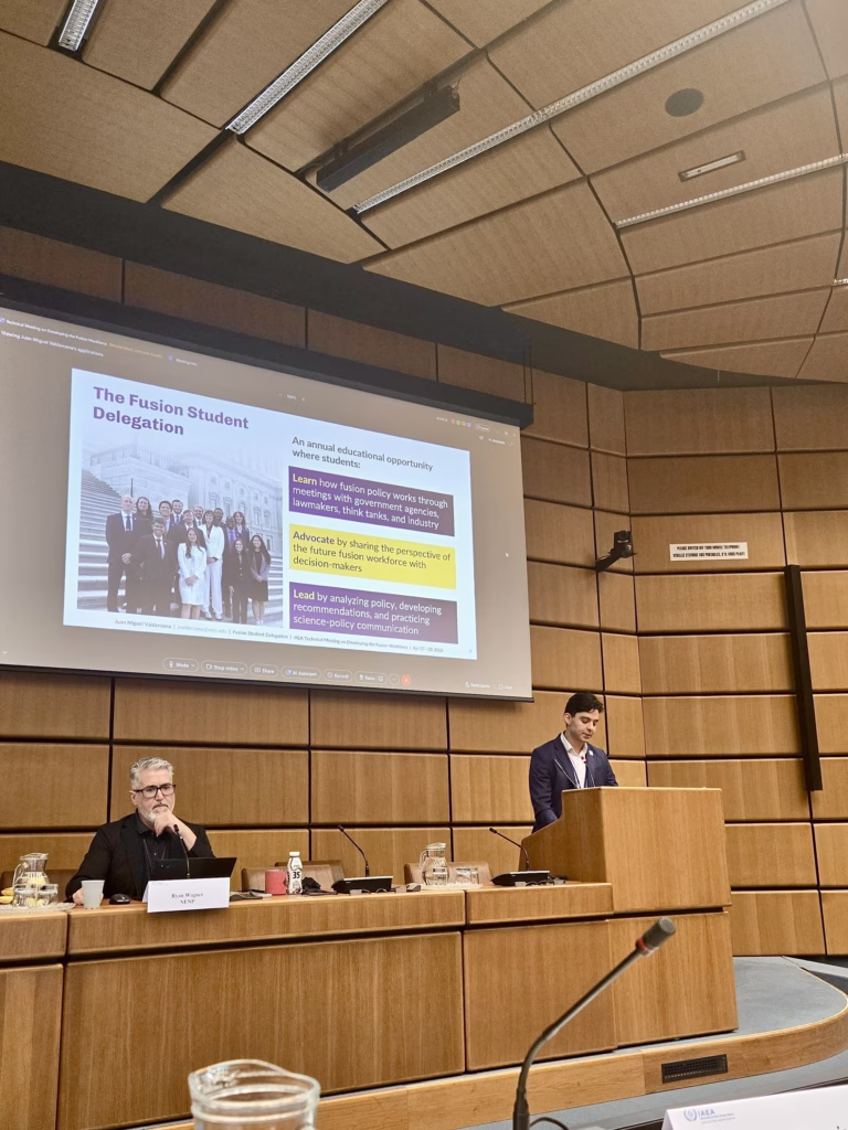 Department of Nuclear Engineering and Engineering Physics graduate student Juan Valderrama presents to participants at the International Atomic Energy Agency Technical Meeting on Developing the Fusion Workforce to promote the Fusion Student Delegation as a model for engaging students in fusion workforce-relevant policy.