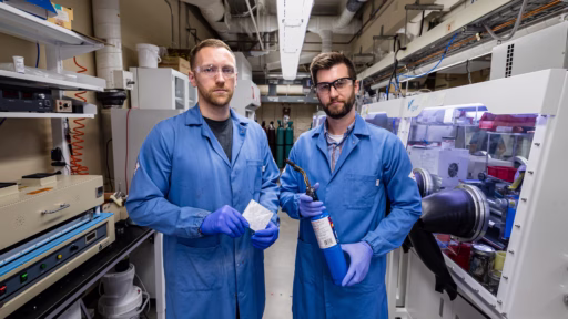 Assistant Professor Eric Kazyak (right) and PhD student Jonathan Fakkema in the lab