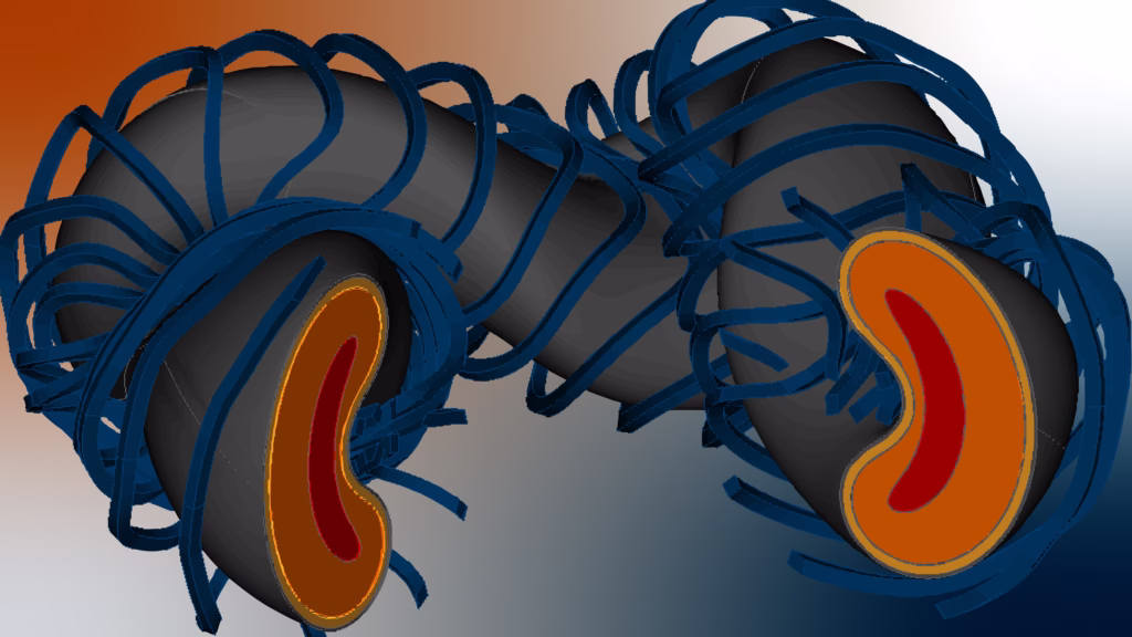 Stellarator model generated by PhD student Connor Moreno using ParaStell