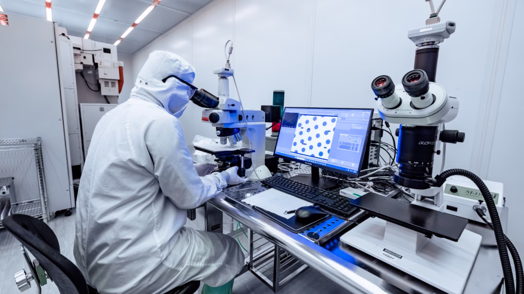 PhD student Chengyu Fang works in a clean room