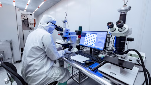 PhD student Chengyu Fang works in a clean room