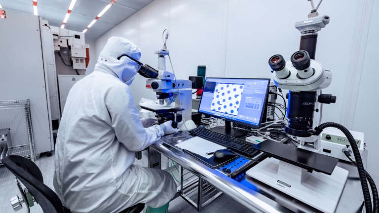 PhD student Chengyu Fang works in a clean room