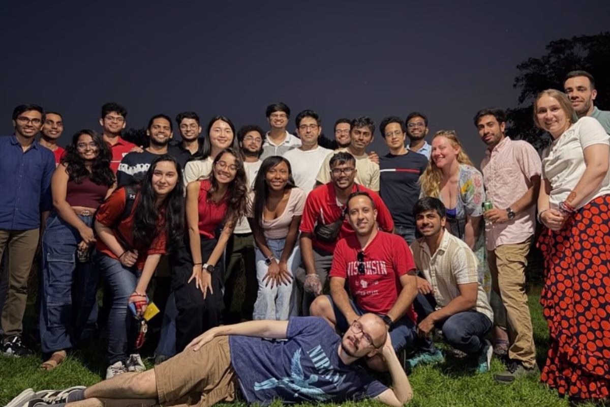Students gather at outdoor terrace