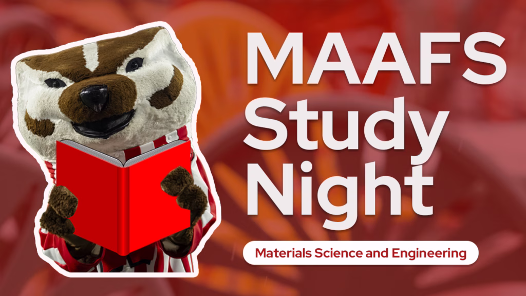 Bucky holds a book next to large text announcing a student-led study night