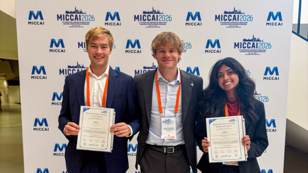 Ruffin Bryant, Noah Kalthoff and Aadya Ganjigunta with their awards for third place in an international competition